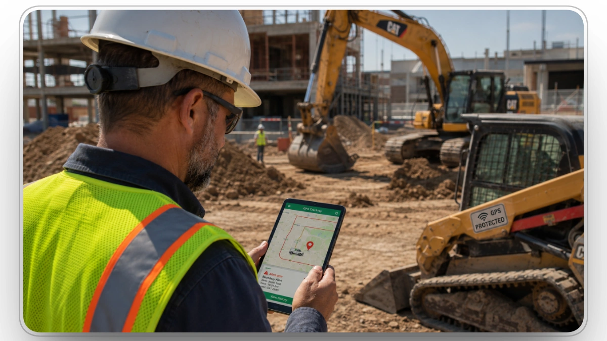 Manager checking GPS theft alert near protected skid steer