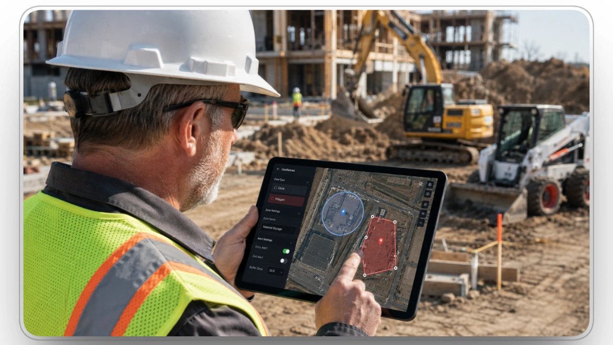 Worker setting geofence zones around construction equipment on tablet