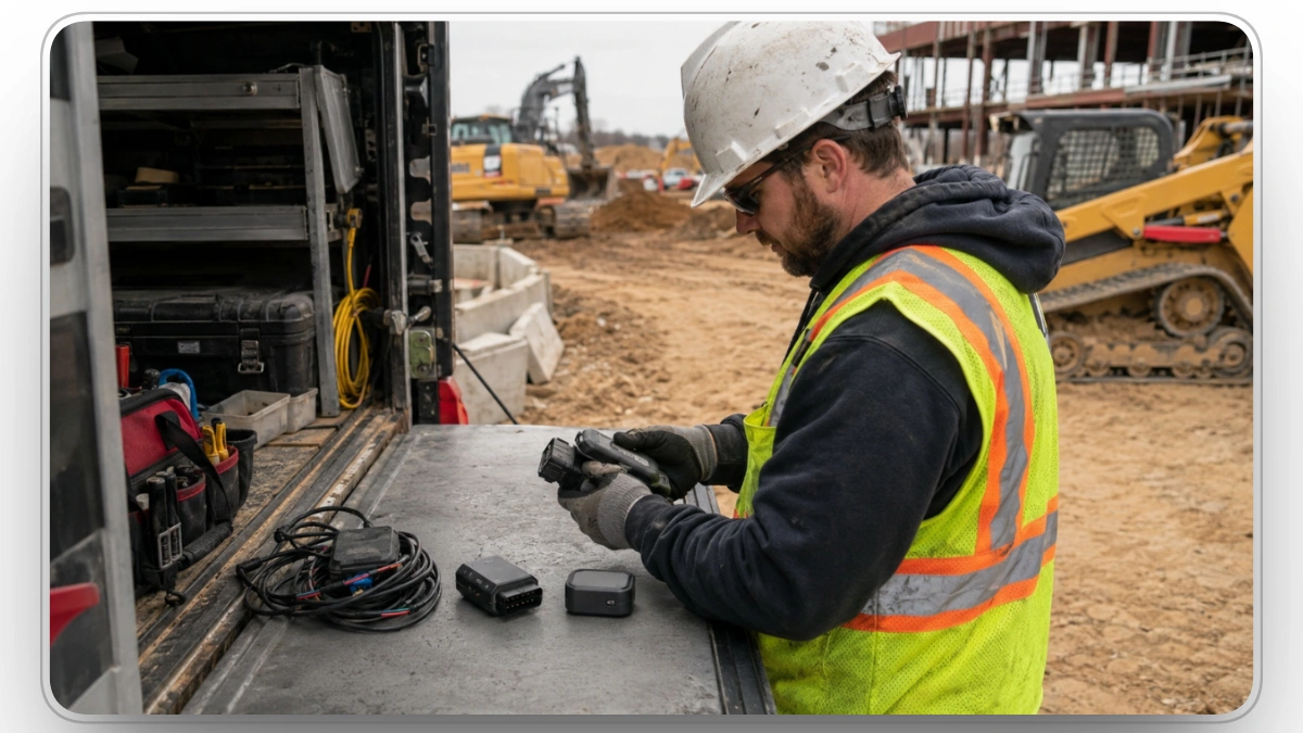 Technician preparing GPS trackers for construction equipment security