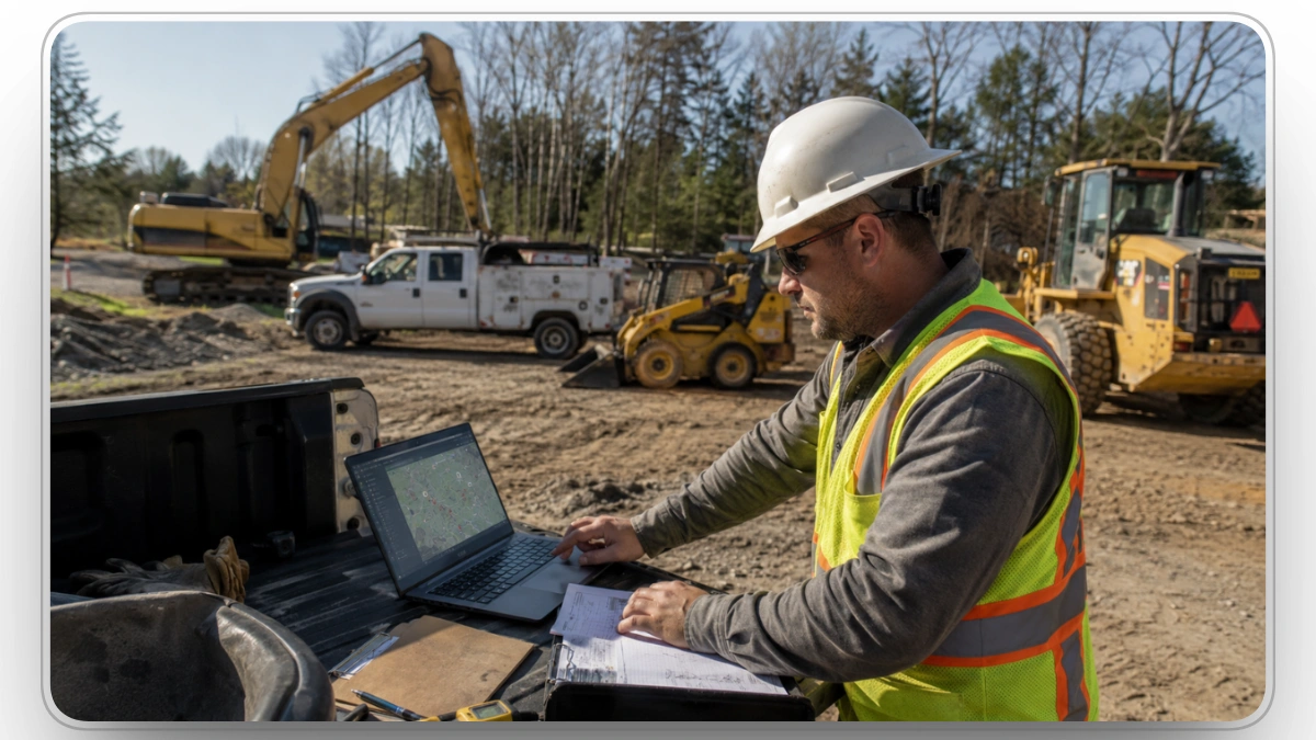 Construction manager tracking equipment GPS on active jobsite