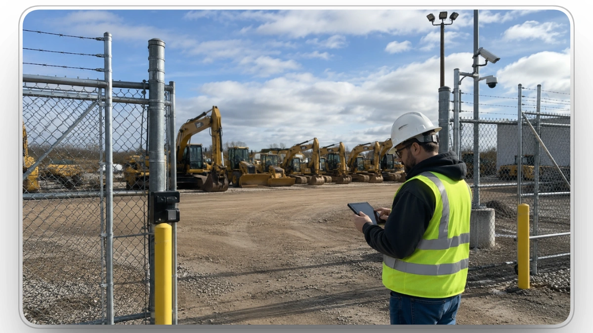 Worker monitoring fenced equipment yard with security cameras and GPS