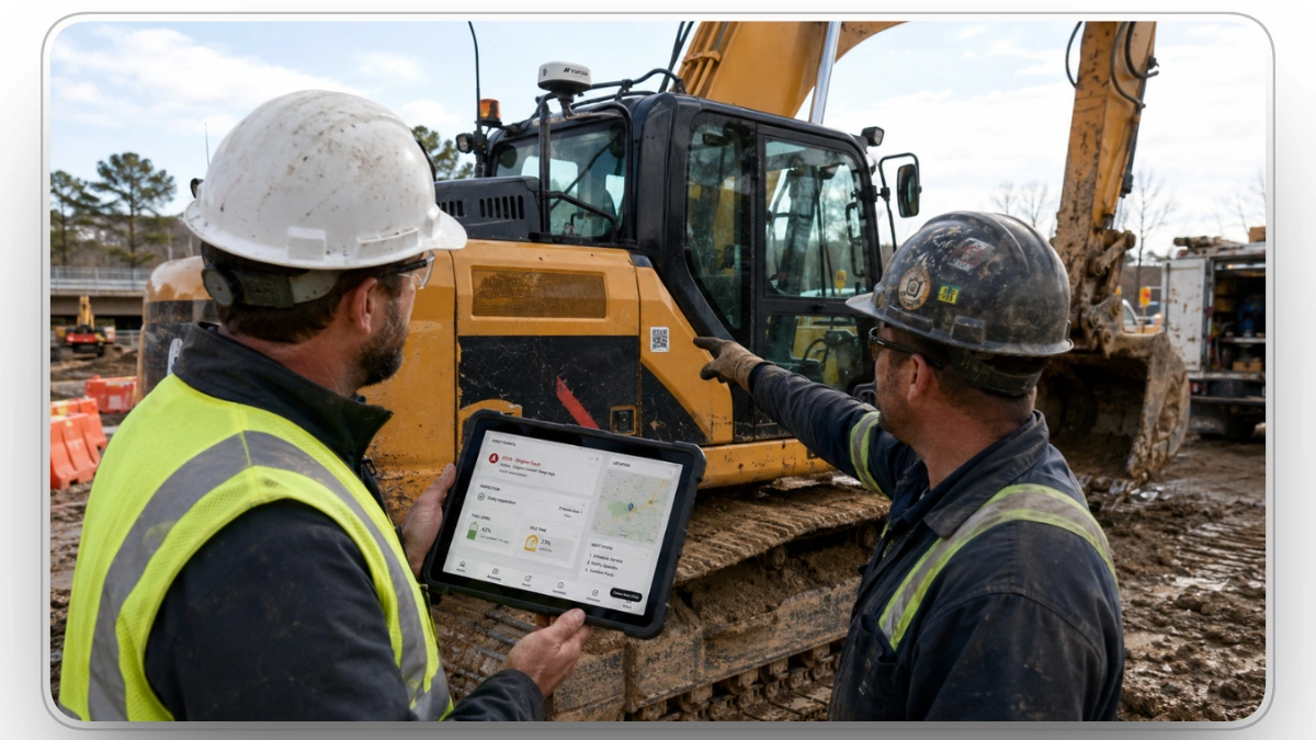 construction crew reviews iot fleet data beside an excavator