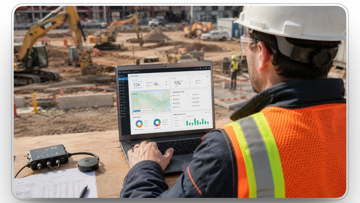 manager checks iot fleet dashboard overlooking active construction equipment