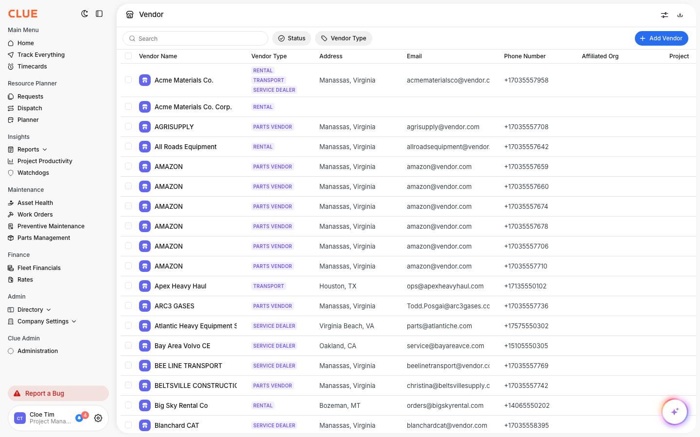 Vendors Directory listing vendor names, types, and contacts