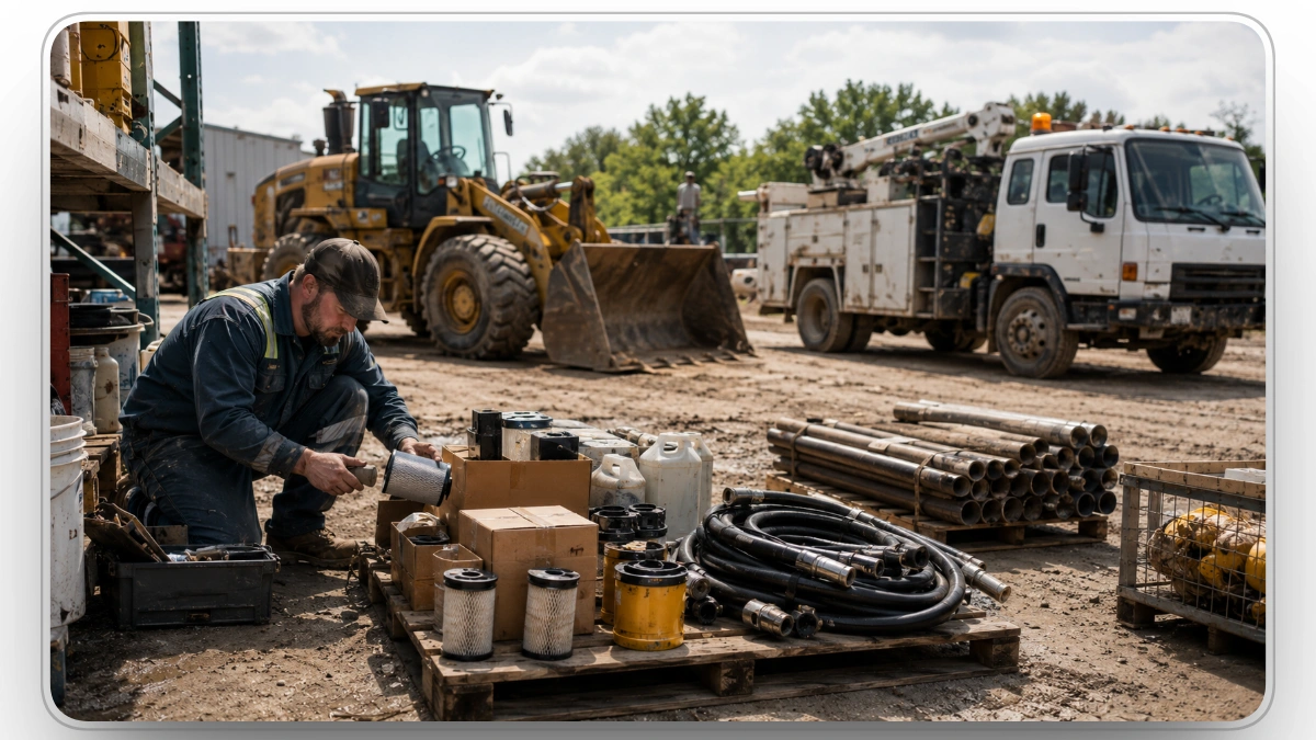 mechanic sorting filters, hoses, and pipes beside construction equipment