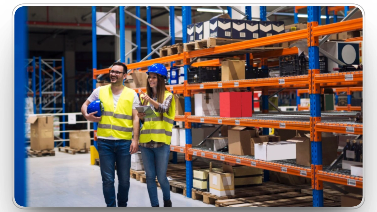 warehouse team reviewing stocked construction parts and materials