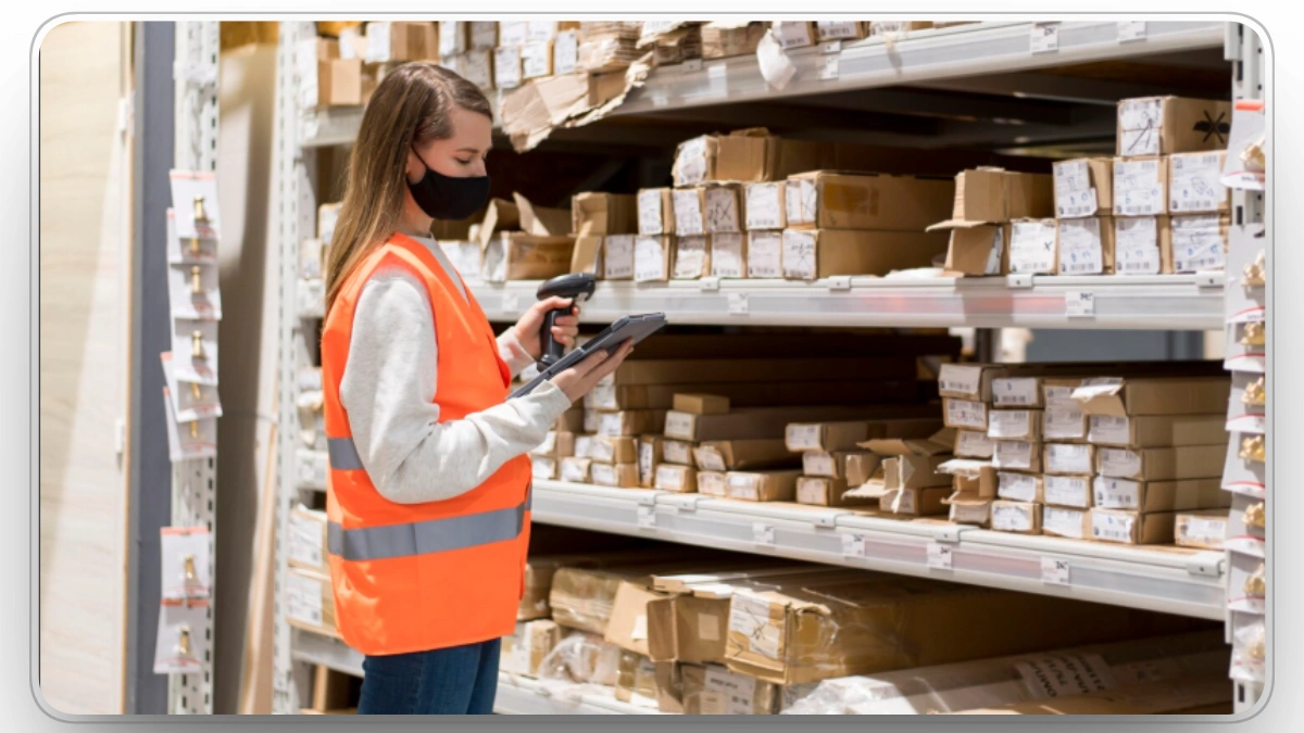 warehouse worker scanning construction inventory boxes on shelves