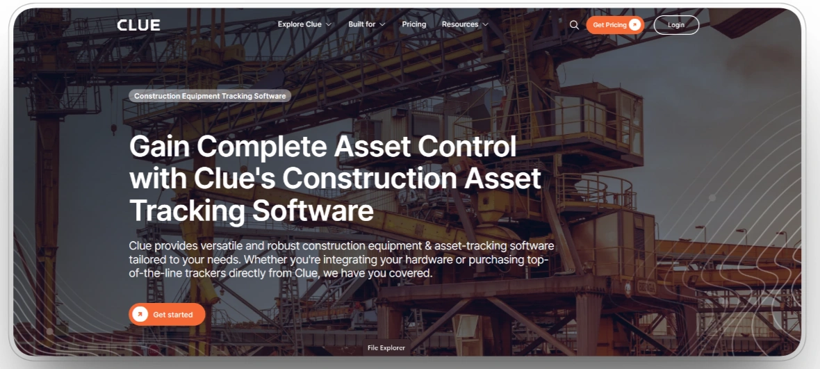 clue asset tracking software page with heavy construction equipment
