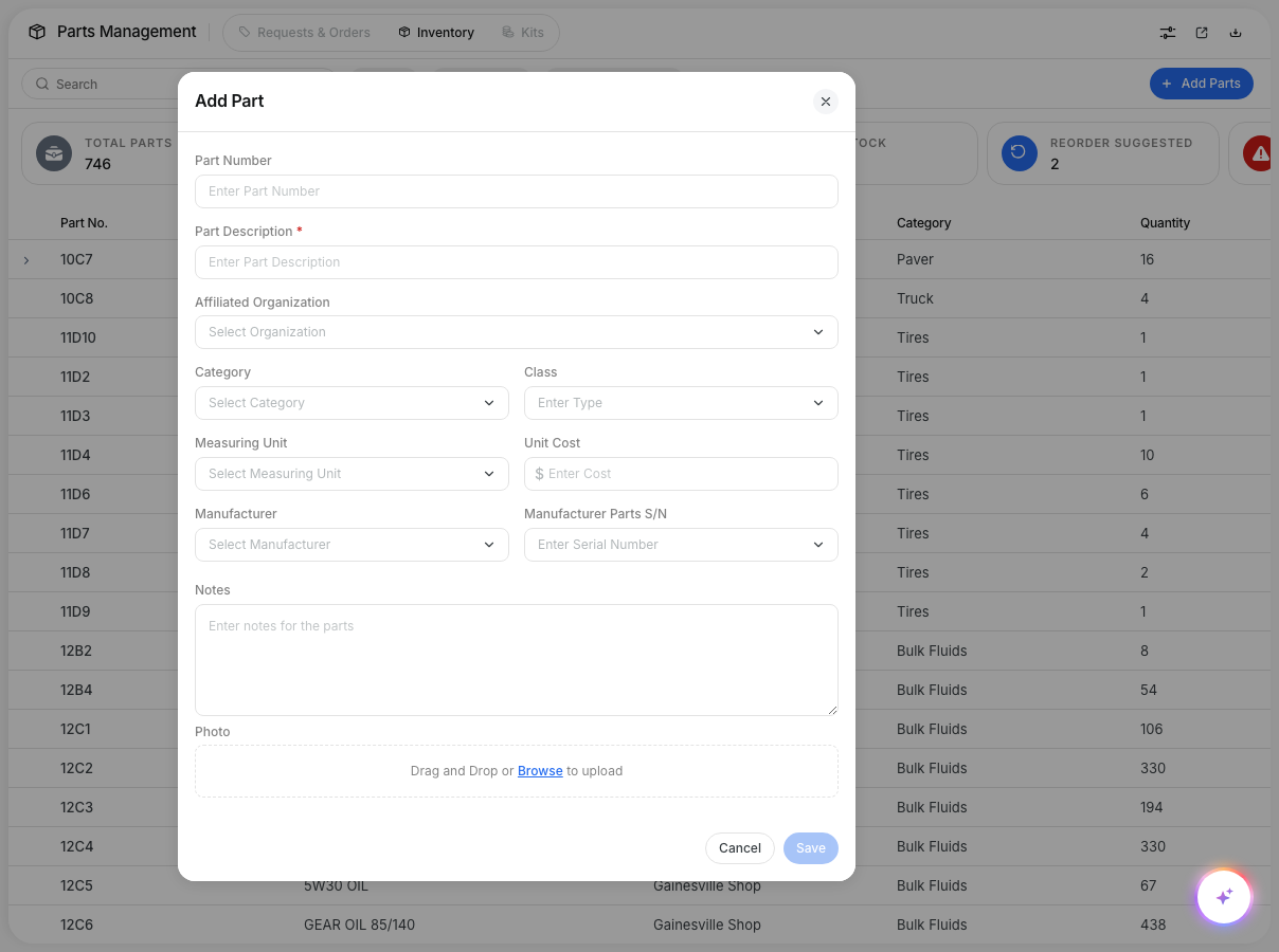 Add Part window showing part detail fields