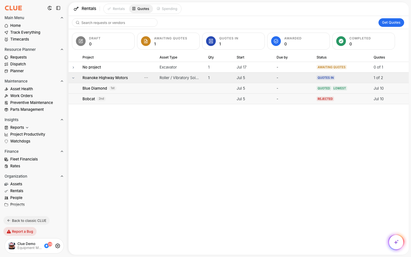 Expanded request showing vendor bids with a Lowest badge