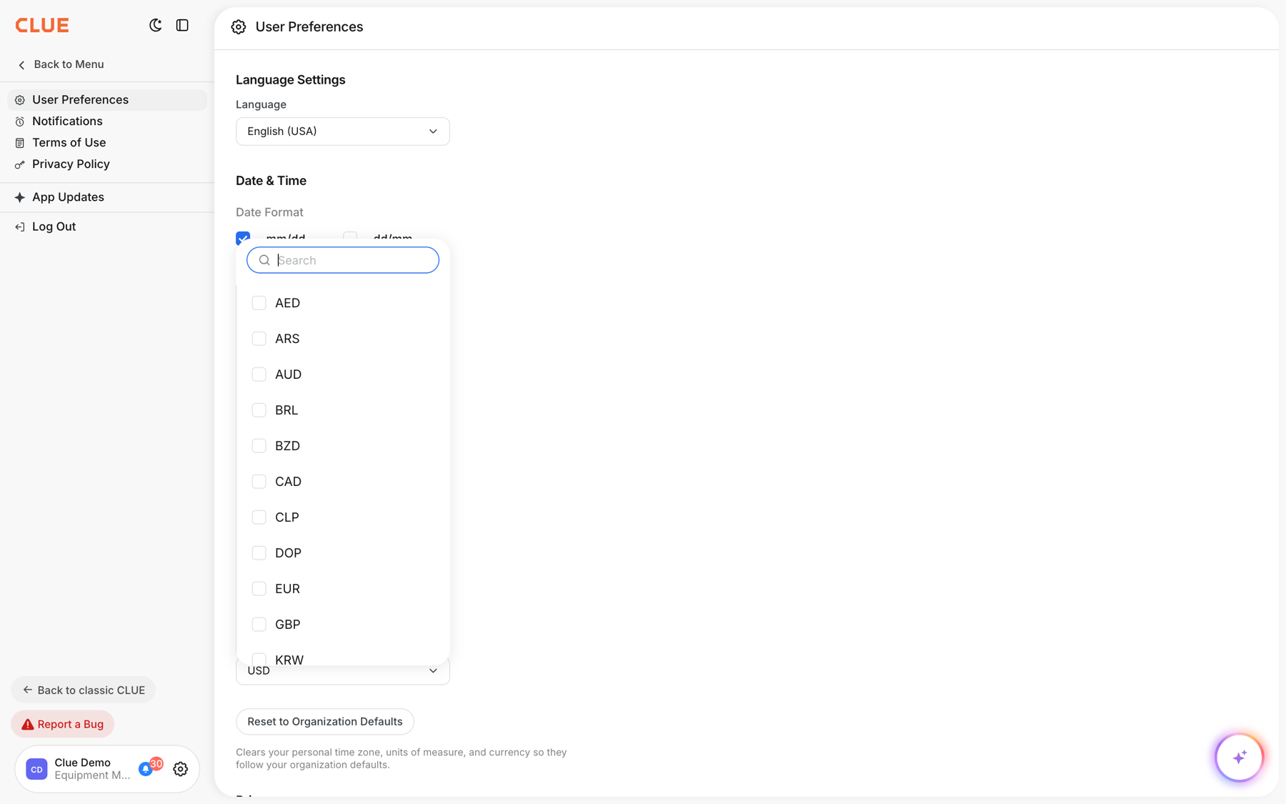 Searchable currency dropdown in User Preferences, with the Date and Time section above
