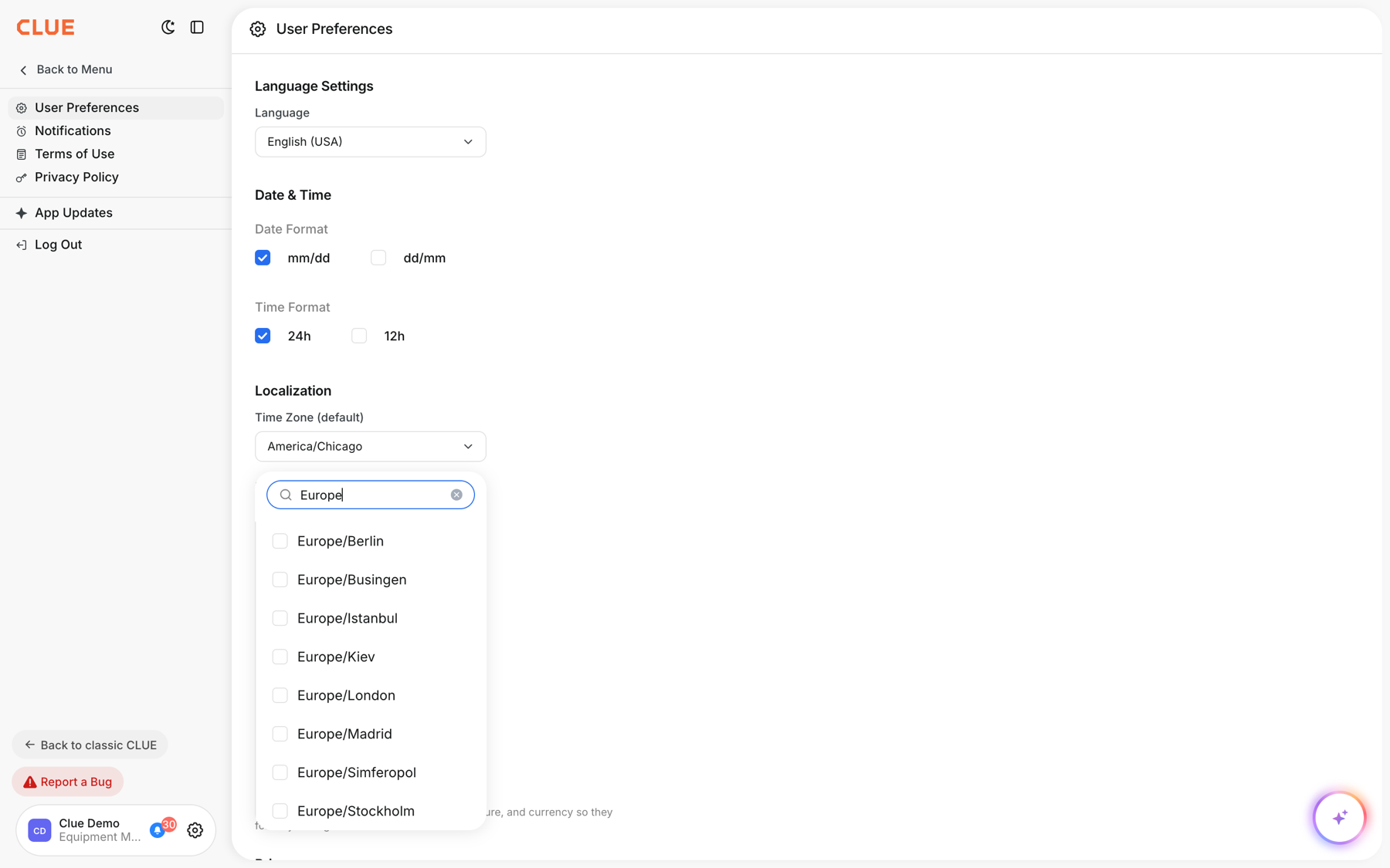 Time Zone search field with a filtered list of results