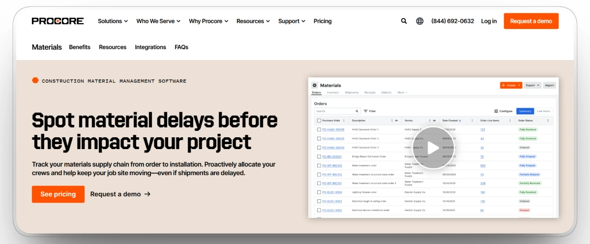 Procore Materials software for tracking construction orders, deliveries, and inventory