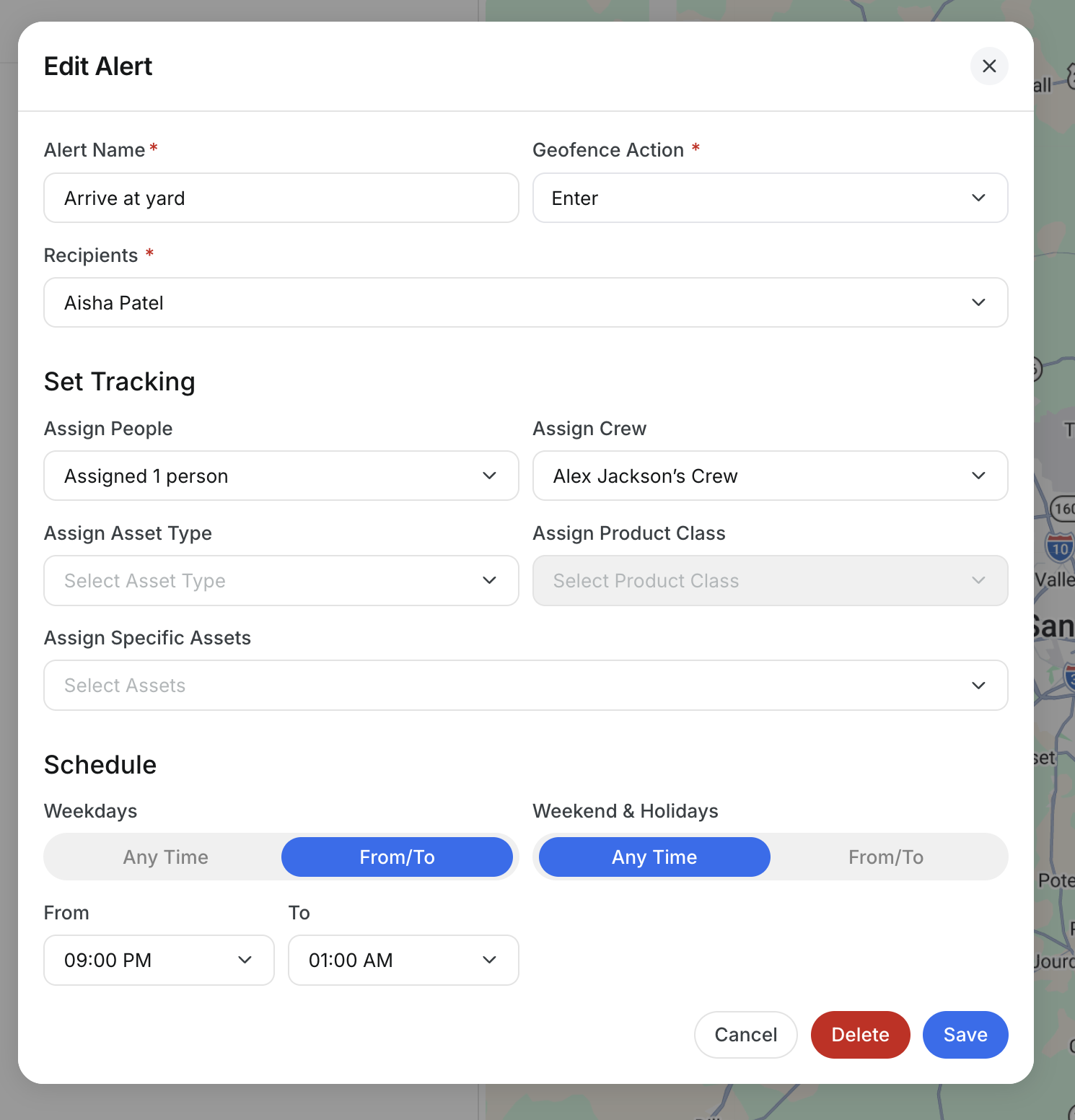 The Schedule section of a geofence alert