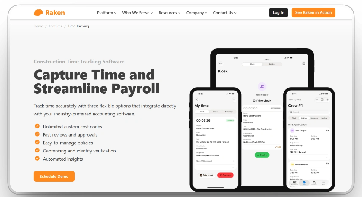 Raken construction time tracking software on mobile and kiosk devices