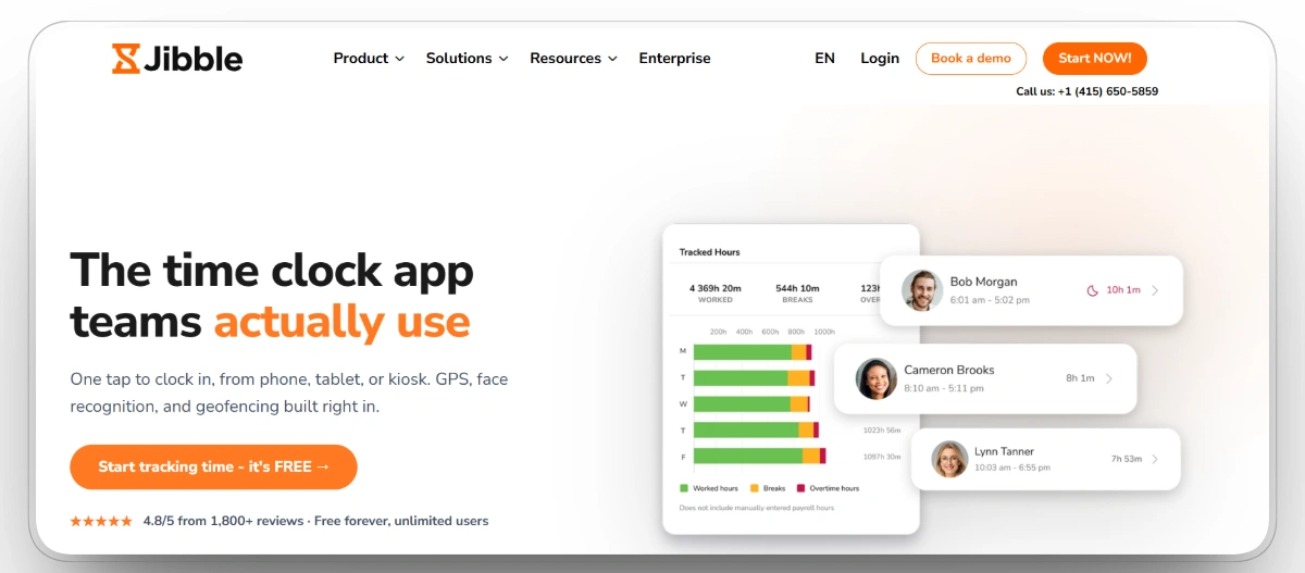 Jibble time clock app dashboard with employee hours and attendance records
