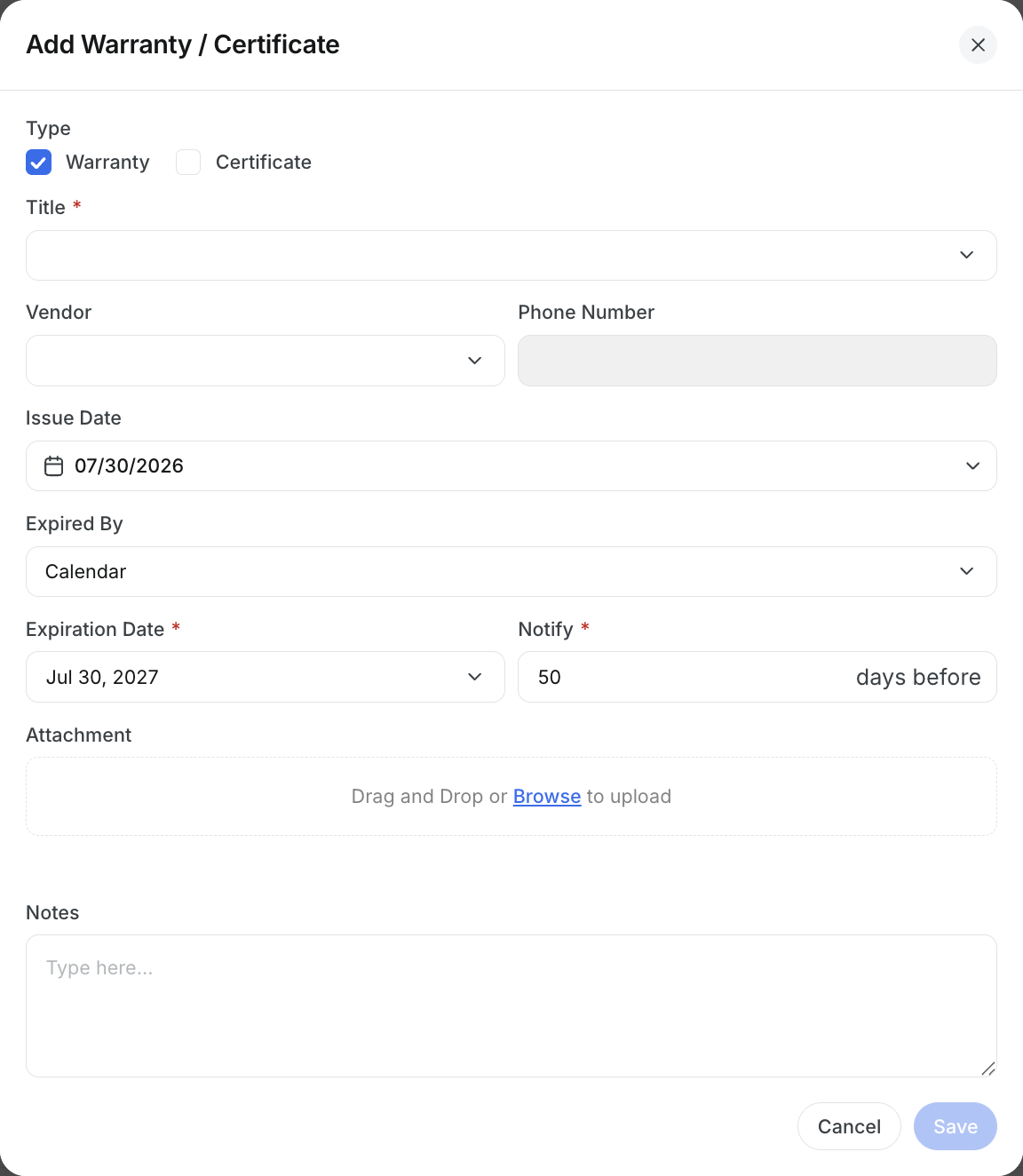 The Add Warranty or Certificate window set to expire by calendar date