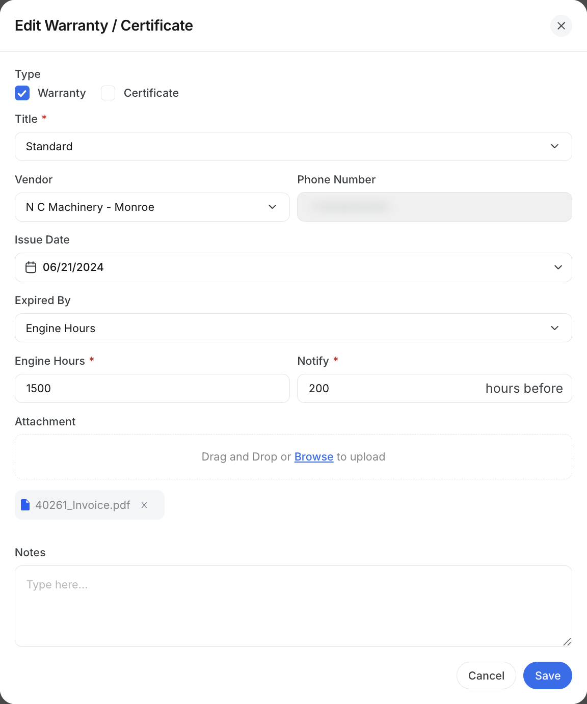 The Edit Warranty or Certificate window for a warranty tracked by engine hours