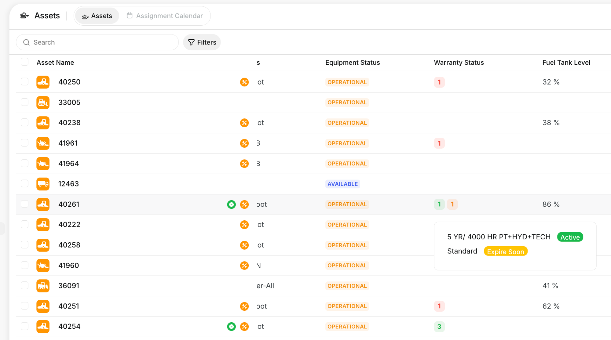 The Warranty Status column in the Assets list, with a hover showing each warranty and its status