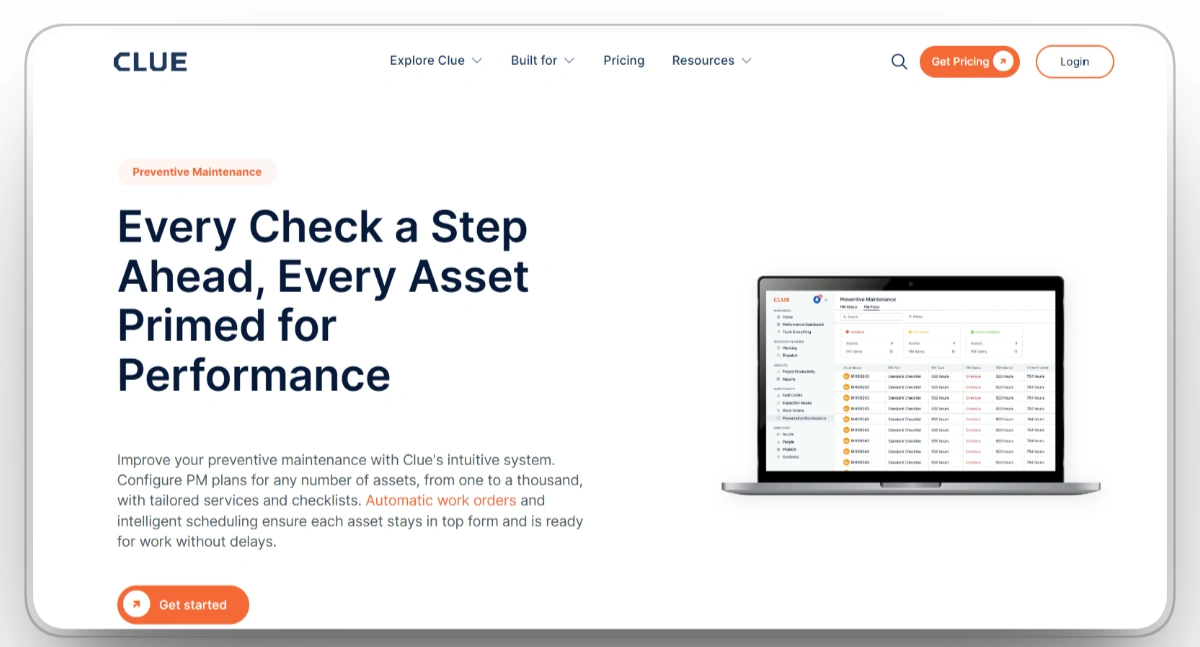 Clue preventive maintenance dashboard for construction equipment and work orders