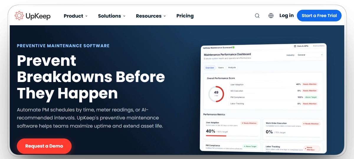 UpKeep preventive maintenance dashboard for reducing equipment breakdowns