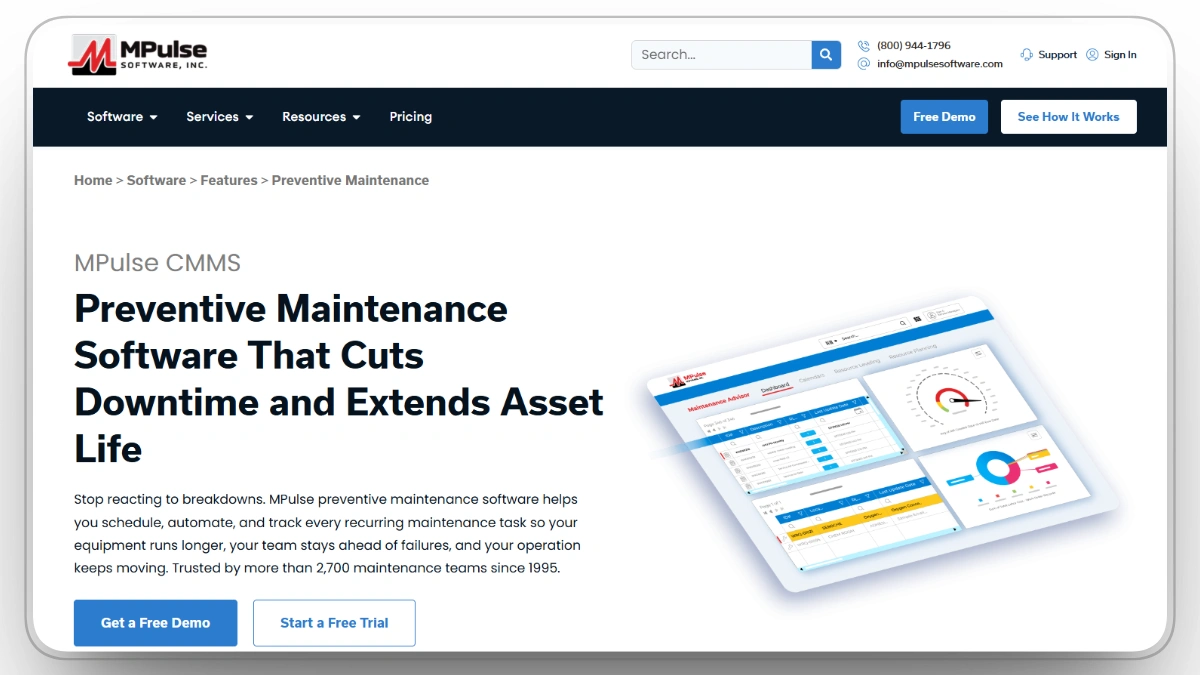 MPulse preventive maintenance dashboard for equipment service scheduling