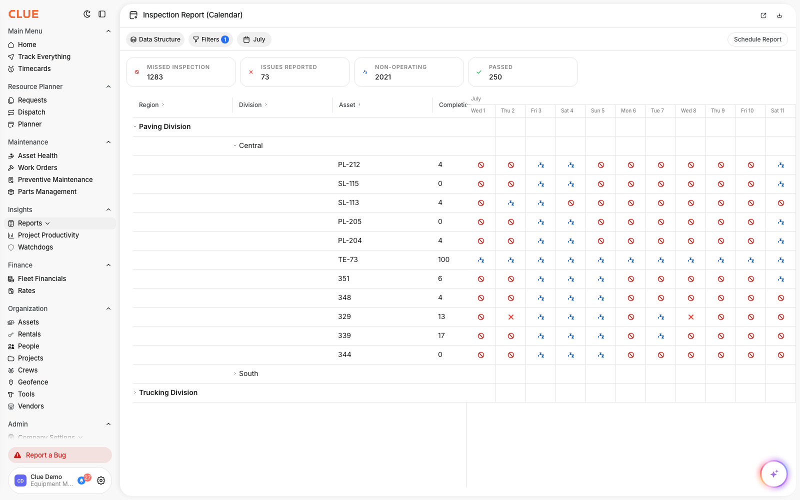Inspection Report Calendar showing the four status icons across assets and days