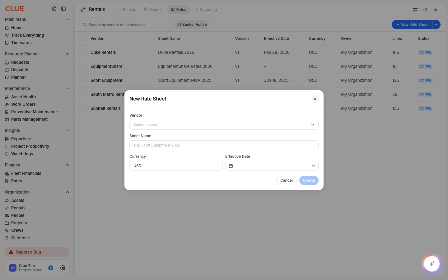 Add a rate sheet is second step for the Vendor Rental Rates management