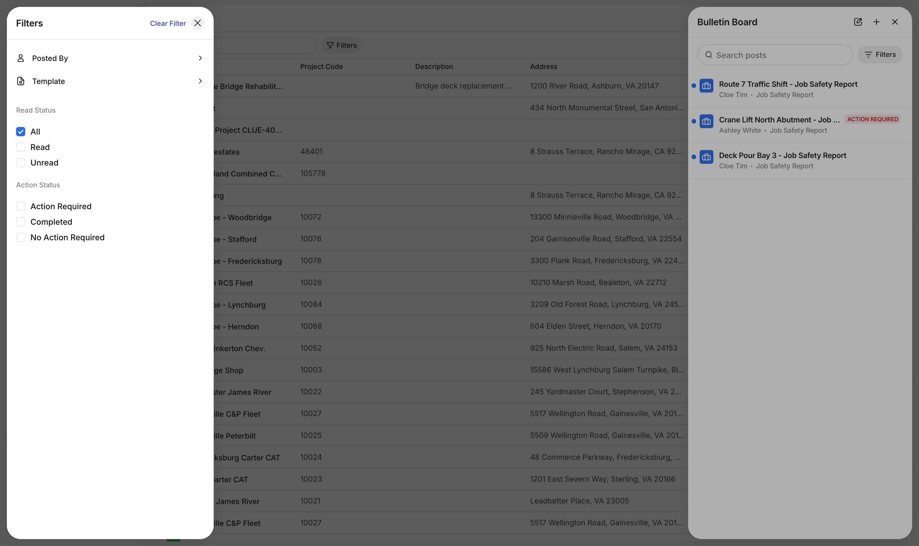 Filters panel with Read Status and Action Status options