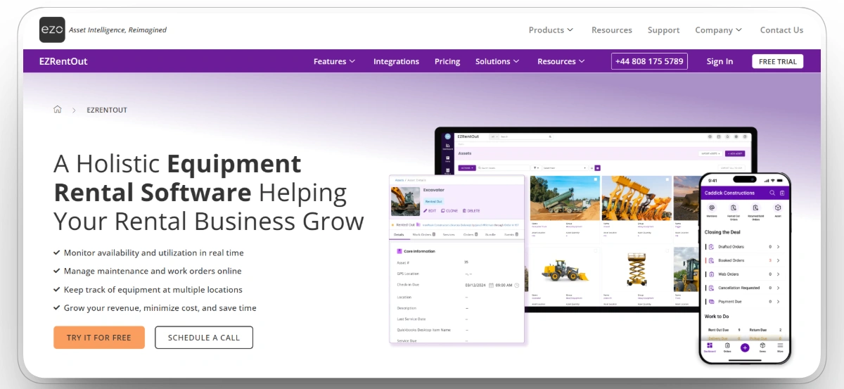 EZRentOut equipment rental software dashboard for asset and work order tracking