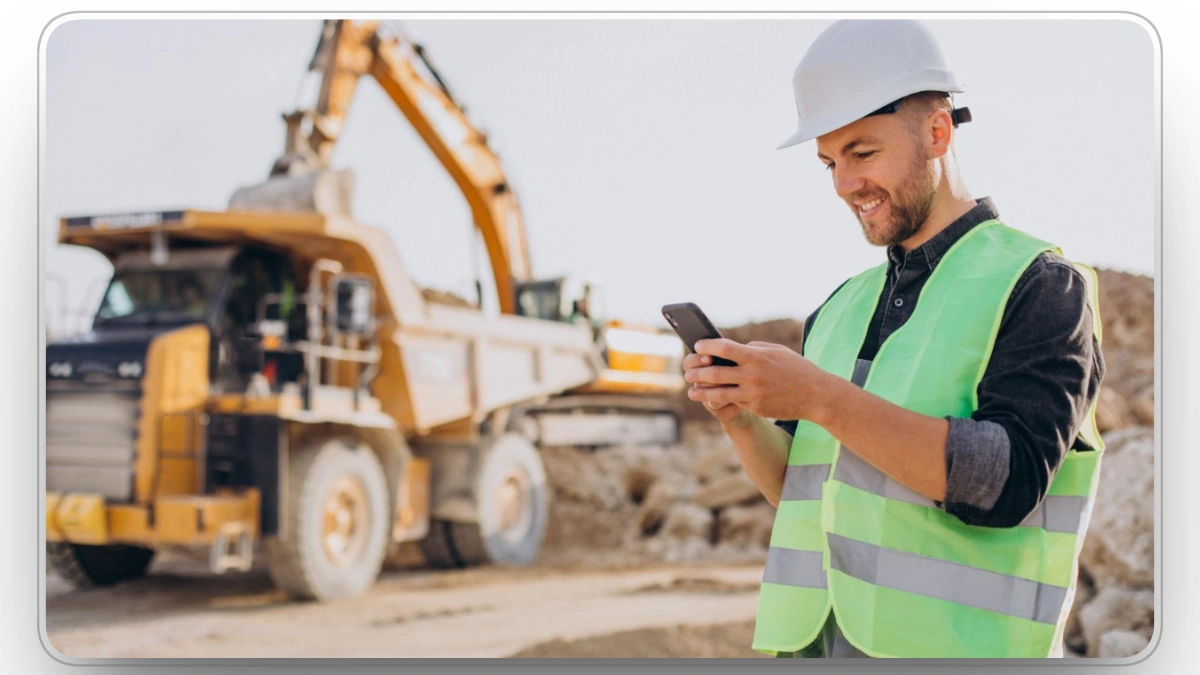 Fleet manager using a mobile phone beside construction equipment on a jobsite
