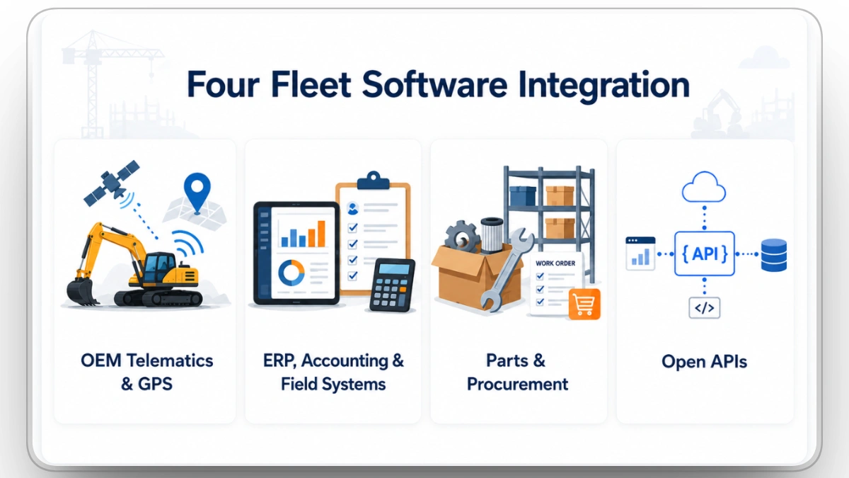 Fleet software integrations for telematics, ERP, parts procurement, and APIs