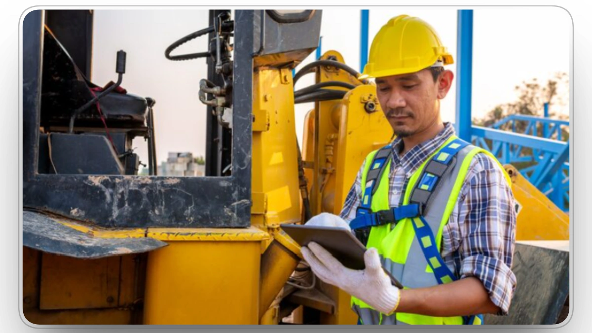 Construction worker using a tablet beside heavy equipment for fleet maintenance