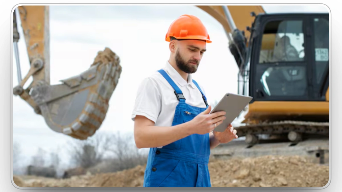 Construction worker using a tablet beside an excavator to manage heavy equipment fleet data