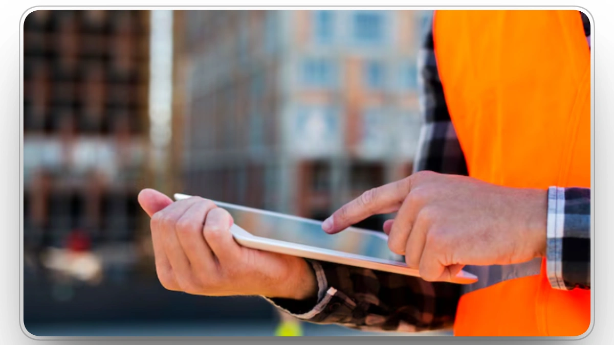 Construction worker using a tablet to access fleet software and equipment data on site