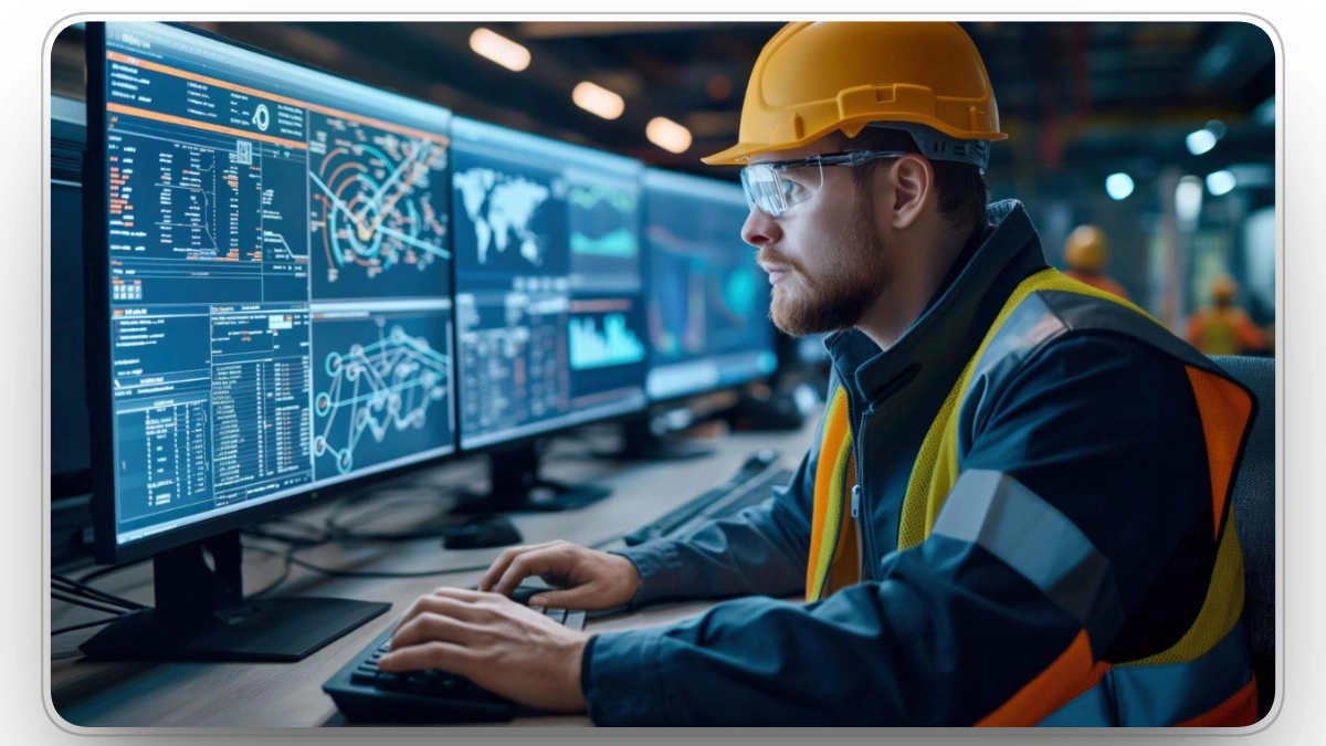 Fleet manager monitoring heavy equipment data and integrations on multiple computer screens
