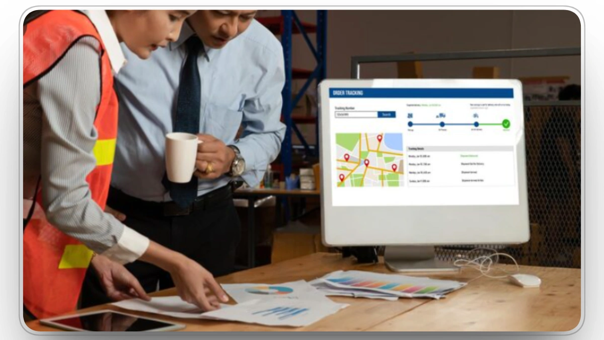 construction team reviewing equipment tracking data on desktop monitor