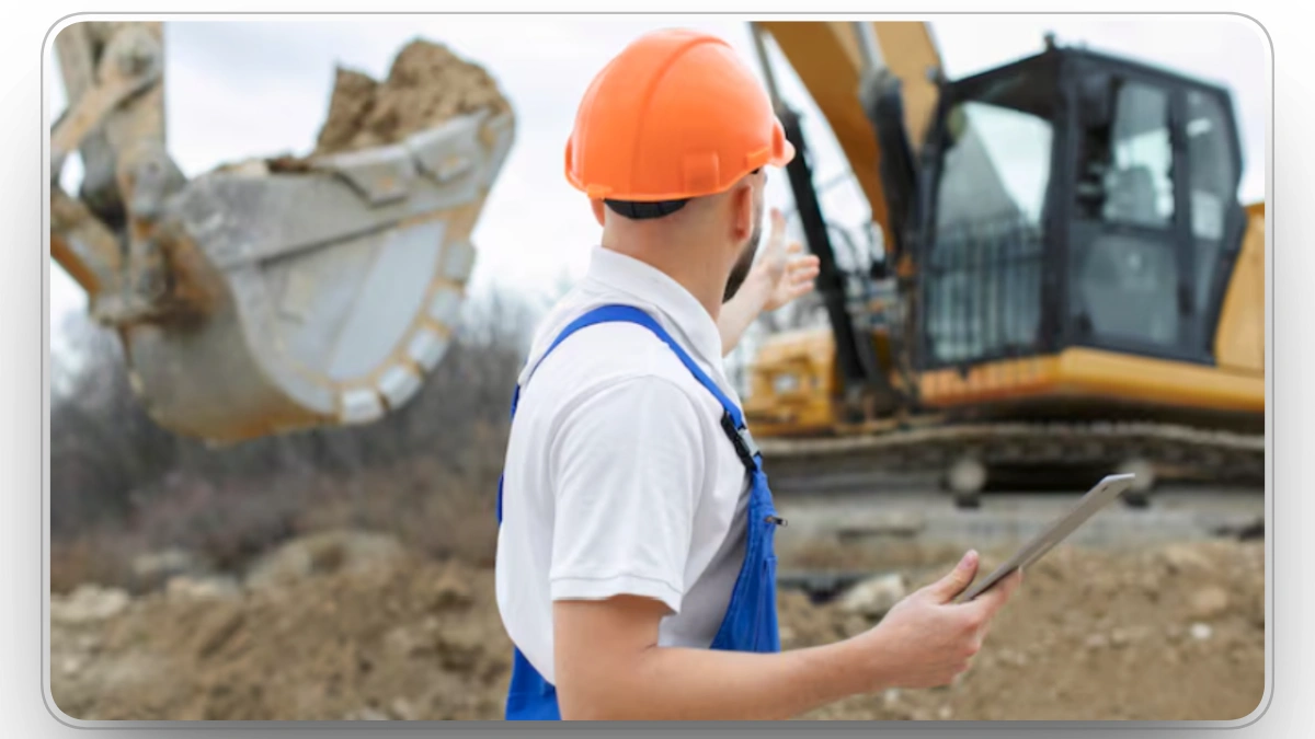 technician inspecting excavator with tablet for fleet maintenance