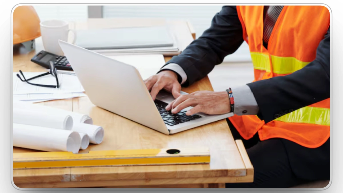 construction manager using laptop for fleet maintenance and erp planning