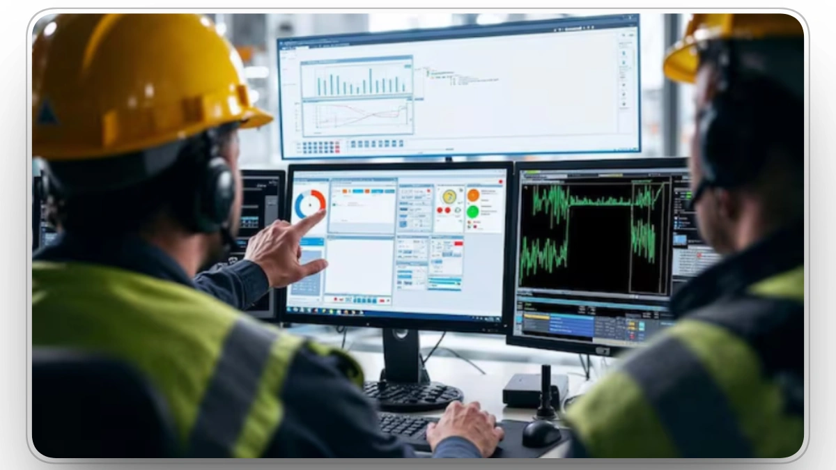 maintenance team reviewing fleet performance data on monitoring screens