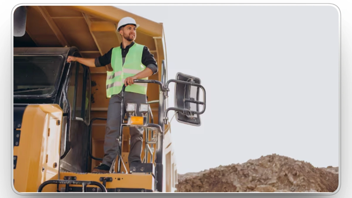 heavy equipment operator standing on dump truck at construction site
