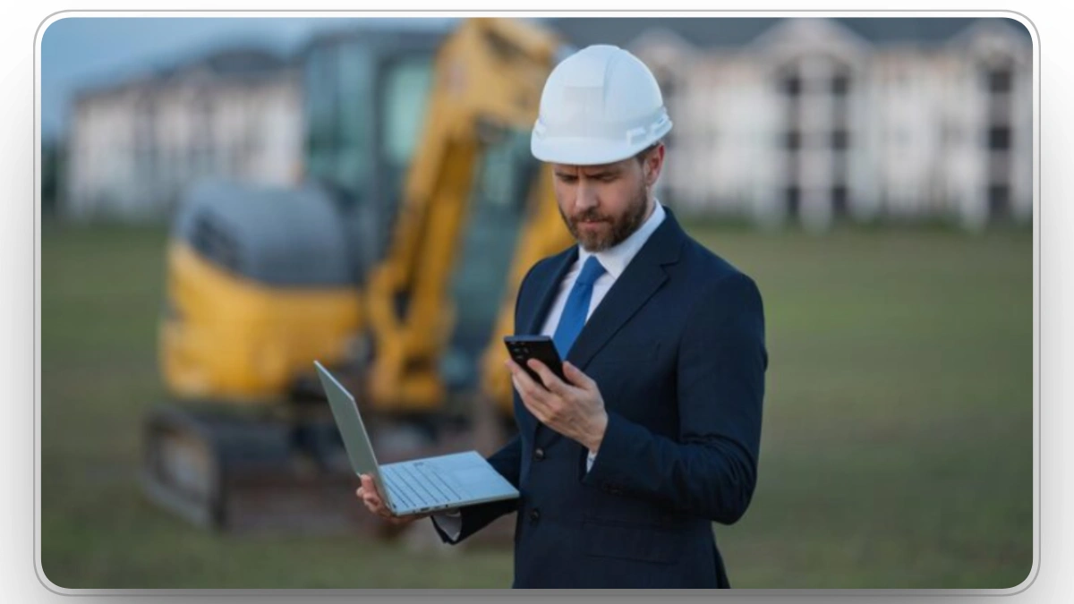 fleet manager using laptop and phone near construction equipment