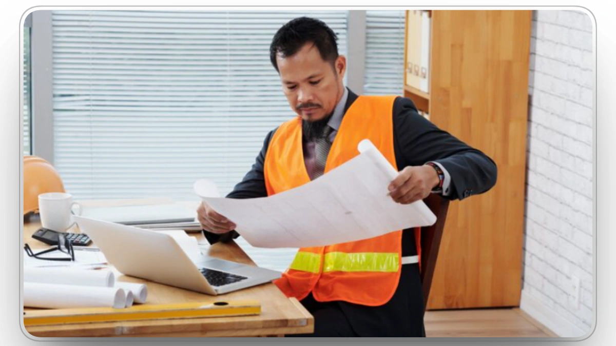 construction manager reviewing plans and fleet maintenance records on laptop
