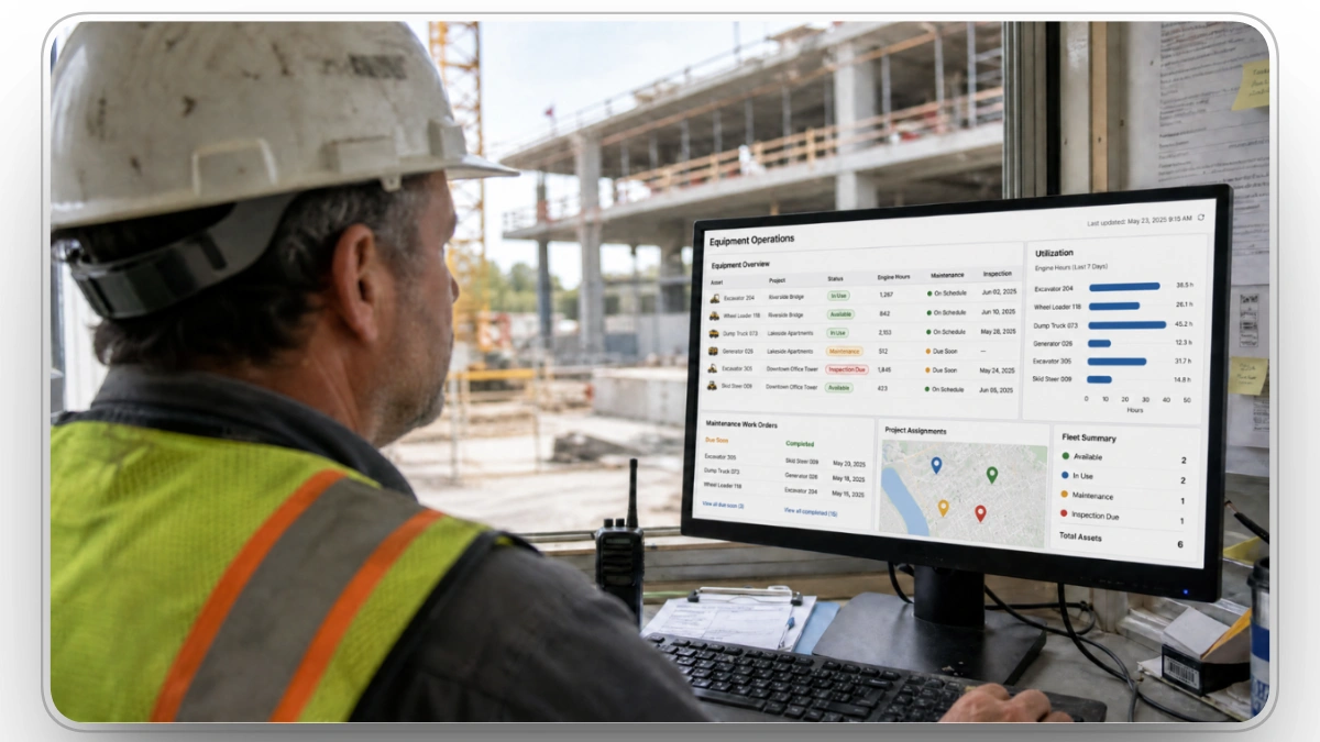 construction worker reviewing fleet utilization and equipment data on a dashboard