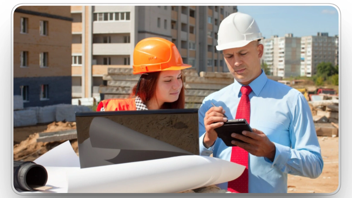 construction managers reviewing project plans and equipment needs on site