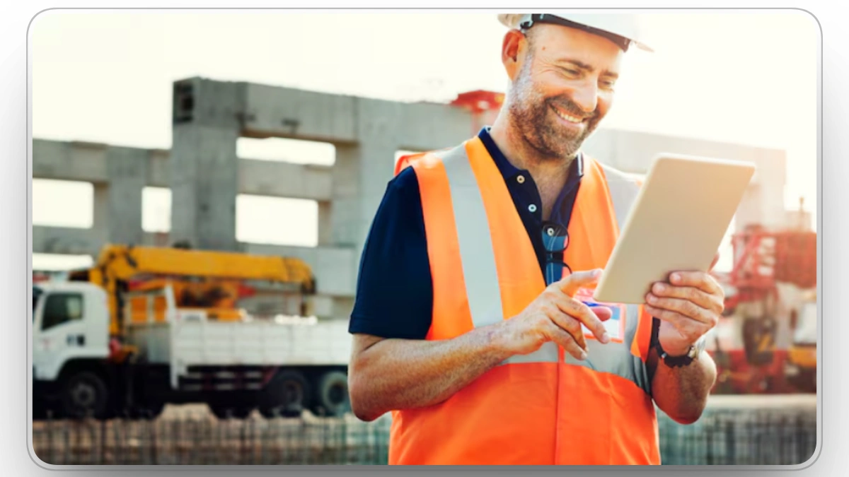 construction manager using a tablet to manage equipment operations on site