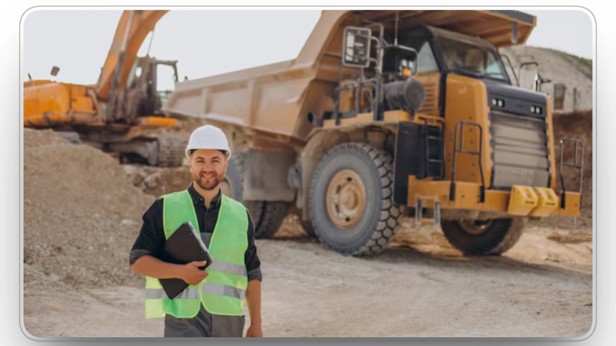 construction manager standing beside heavy equipment at an active jobsite