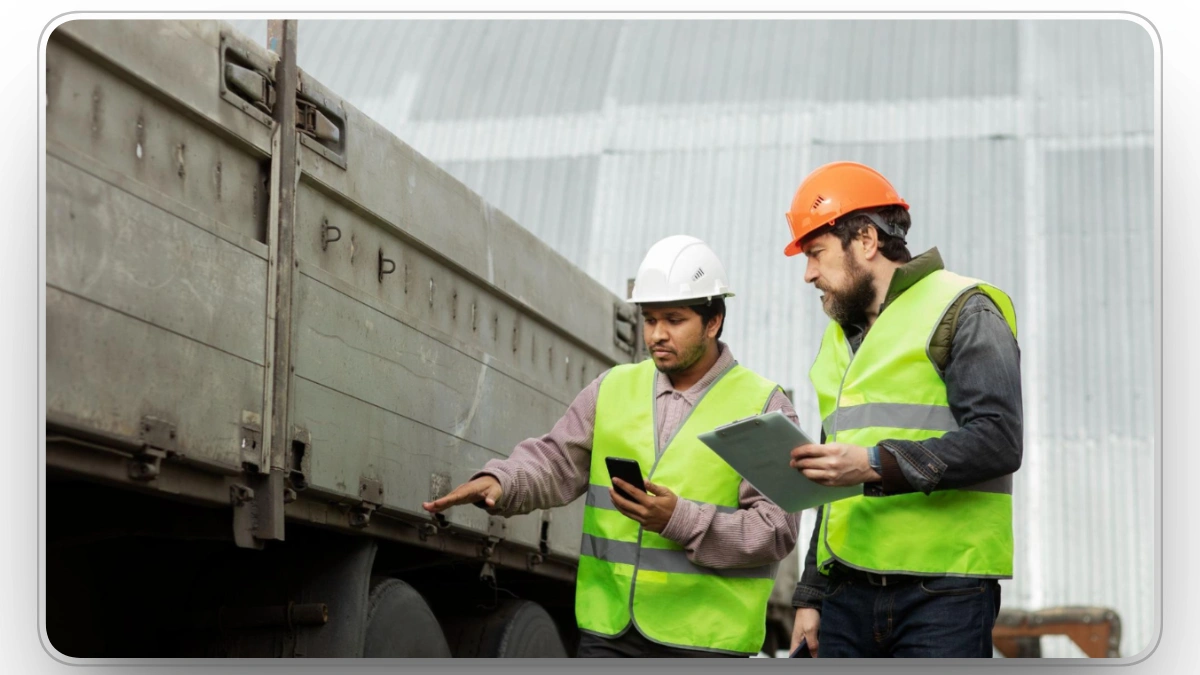 Construction managers inspecting fleet equipment with digital tools onsite