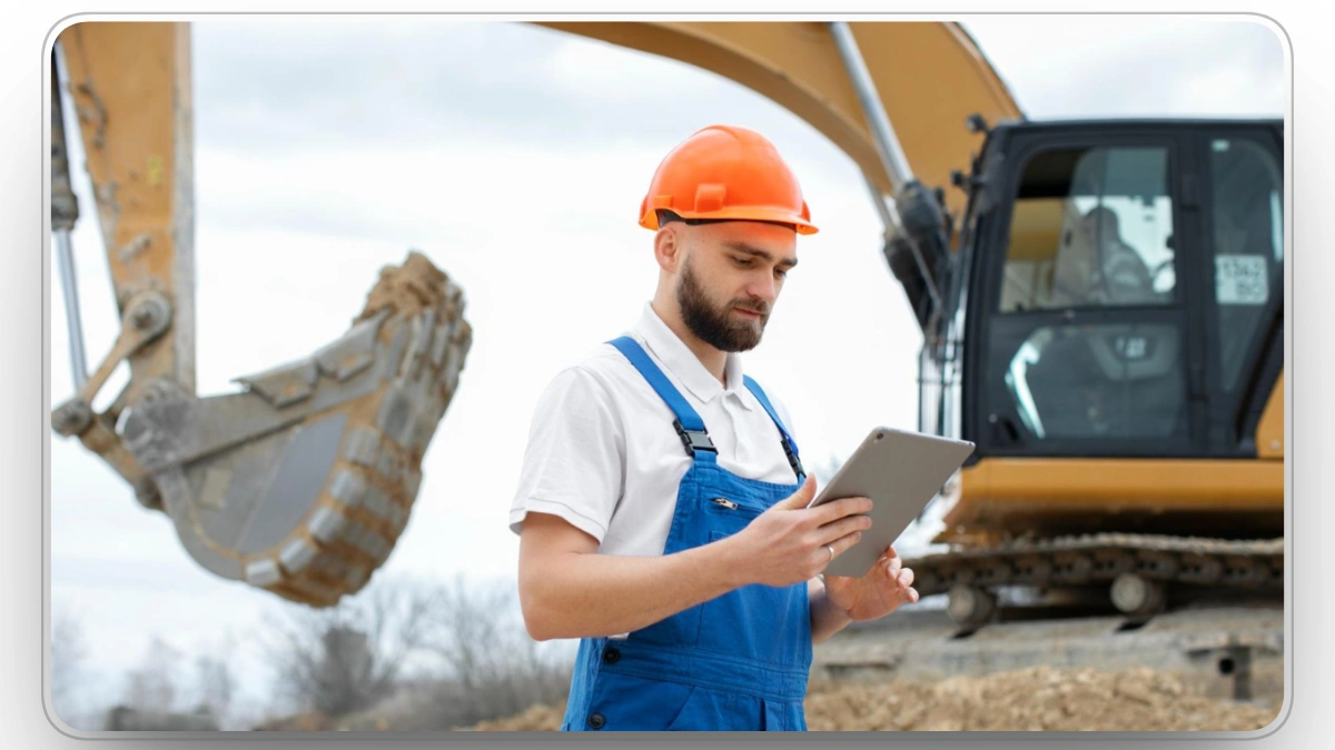 Construction worker reviewing equipment data on a tablet near an excavator