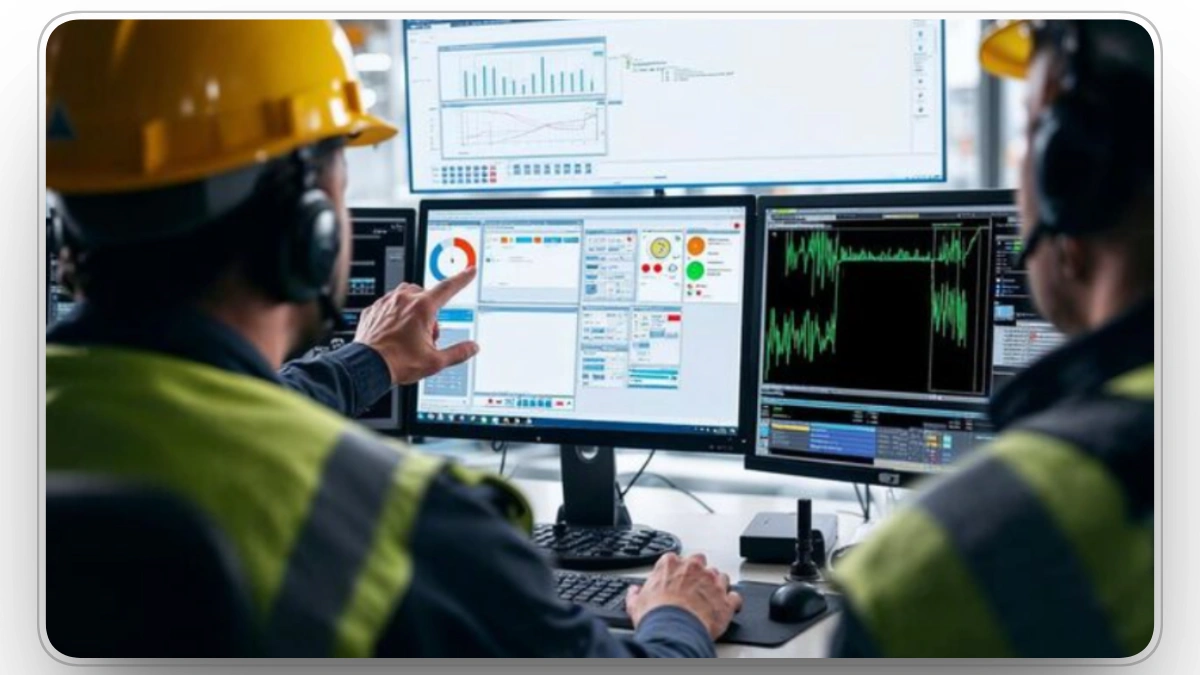 Fleet operators monitoring construction equipment data on control screens